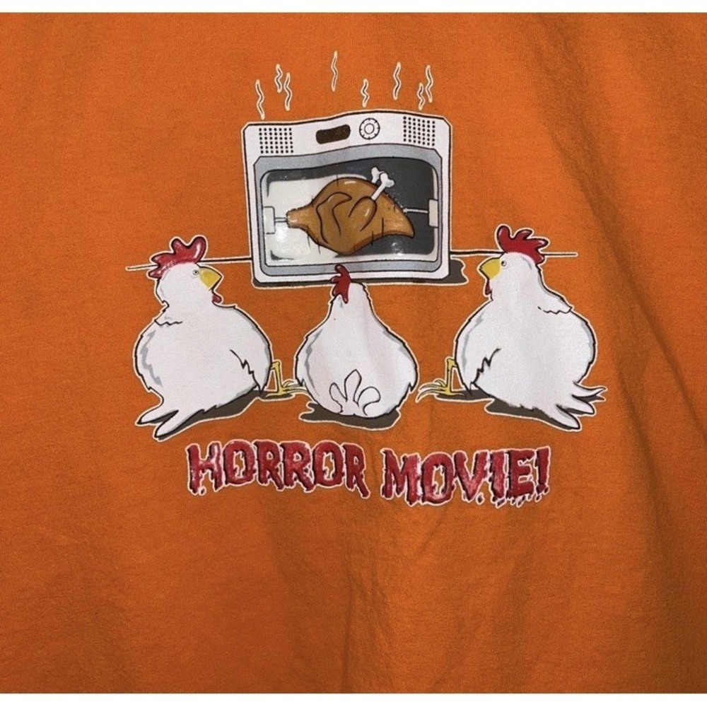 Vtg Y2K Parody Horror Movie Chicken Rotisserie Orange T Shirt Size XL